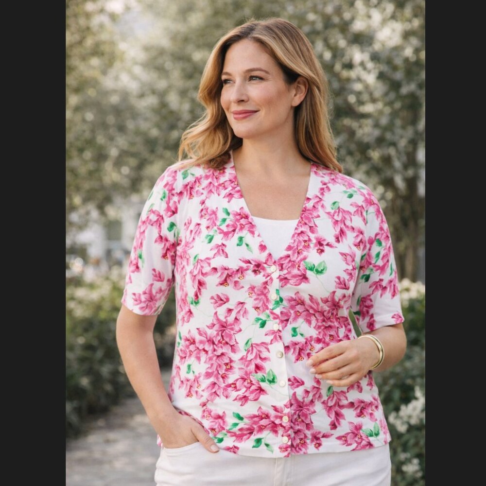 Talbots Floral Cardigan 1X Kelly Lightweight Cotton Elbow Sleeve Spring Summer